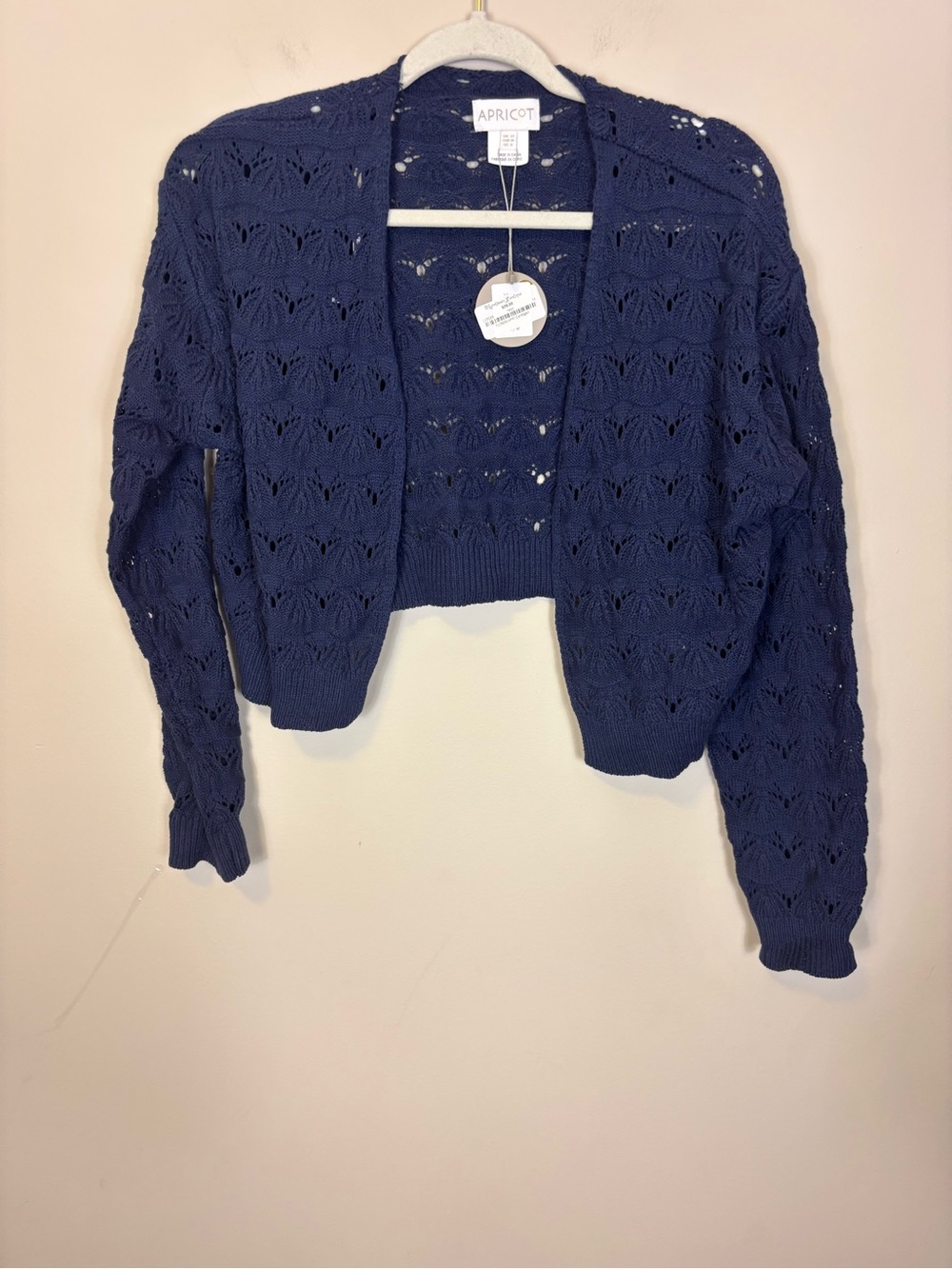 New APRICOT Navy Cropped Openwork Knit Cardigan Sweater US 8